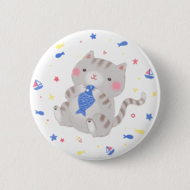 Cute Kattunge med Fish i sommarillustration Knapp (Framsida)