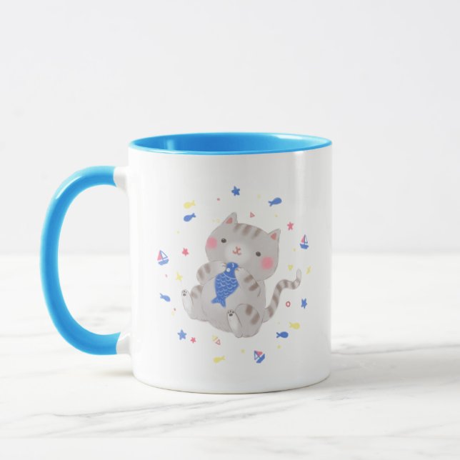 Cute Kattunge med Fish i sommarillustration Mugg (Vänster)