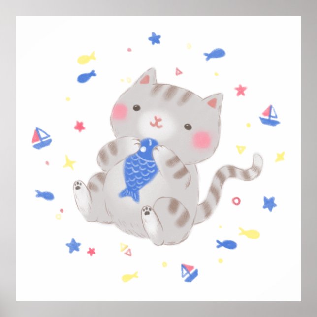 Cute Kattunge med Fish i sommarillustration Poster (Framsidan)