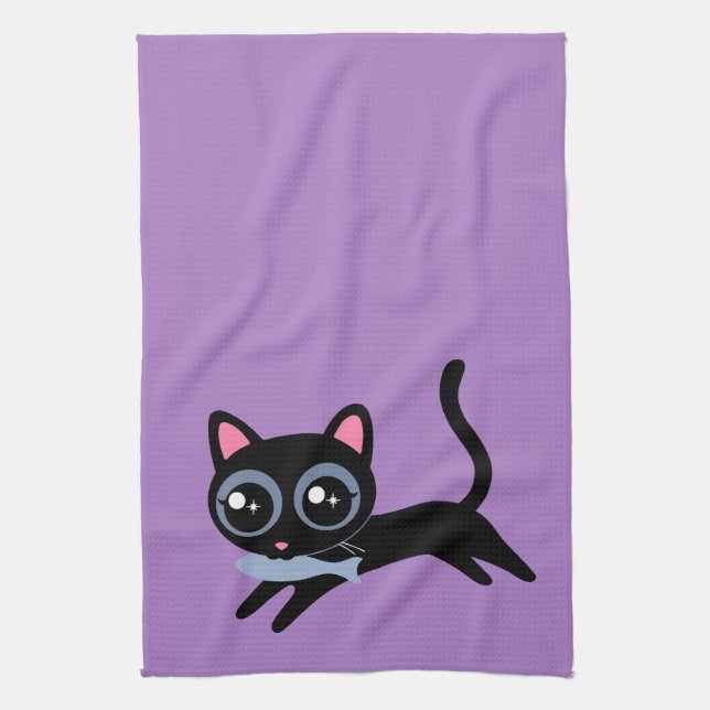 Cute Kattunge med fiskgåva till flickvän, fru Kökshandduk (Vertikal)