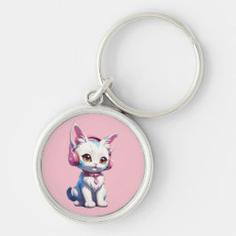 Cute Kattunge med hörlurar Magic Rund Silverfärgad Nyckelring