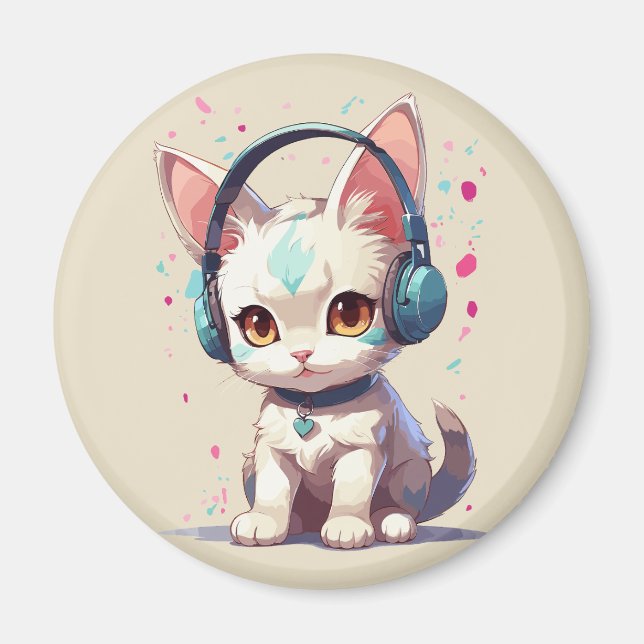 Cute Kattunge med hörlurarna Charm Magnet (Framsidan)
