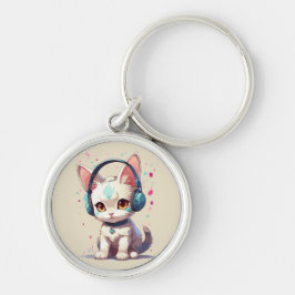 Cute Kattunge med hörlurarna Charm Rund Silverfärgad Nyckelring