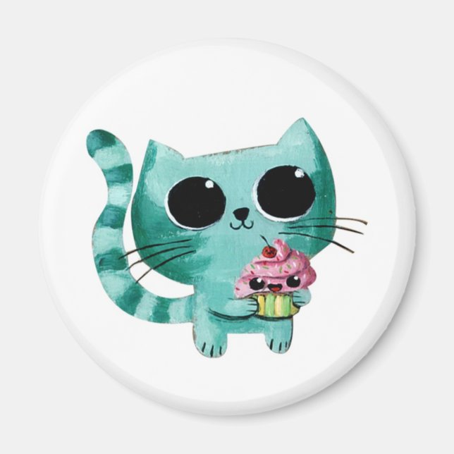 Cute Kattunge med Kawaii Cupkaka Magnet (Framsidan)