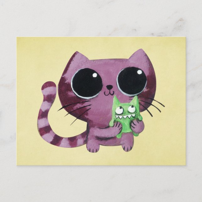 Cute Kattunge med lilla Grönt Monster Vykort (Framsida)
