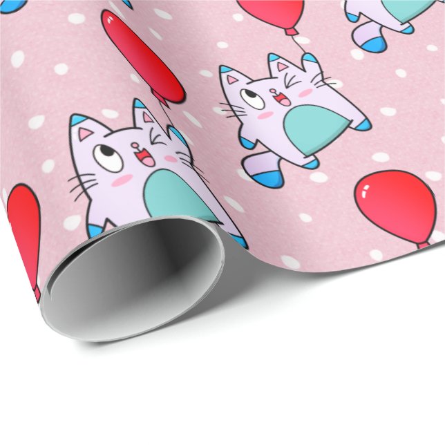 Cute Kattunge med Papper förpackning av ballongen Presentpapper (Rullad Hörn)