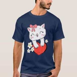 Cute Kattunge med Rosa Bow och hjärtklappat Kärlek T Shirt