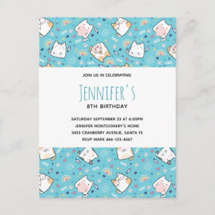 Cute Kattunge Mönster Whimsical Birthday Inbjudan Vykort