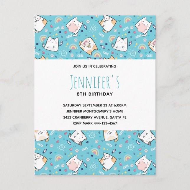 Cute Kattunge Mönster Whimsical Birthday Inbjudan Vykort (Framsida)