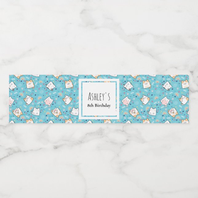 Cute Kattunge Mönster Whimsical Birthday Vattenflaskor Etikett (Singel etikett)