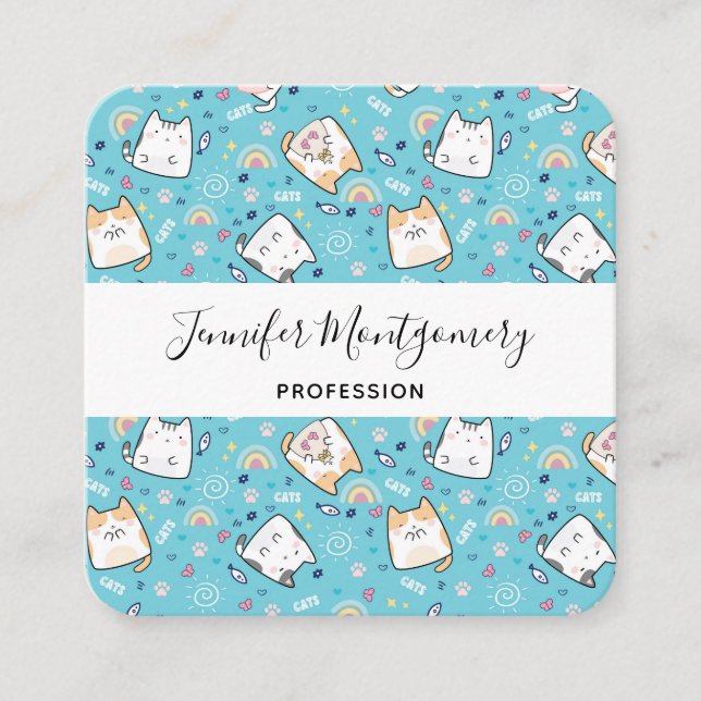 Cute Kattunge Mönster Whimsical Fyrkantigt Visitkort (Framsida)
