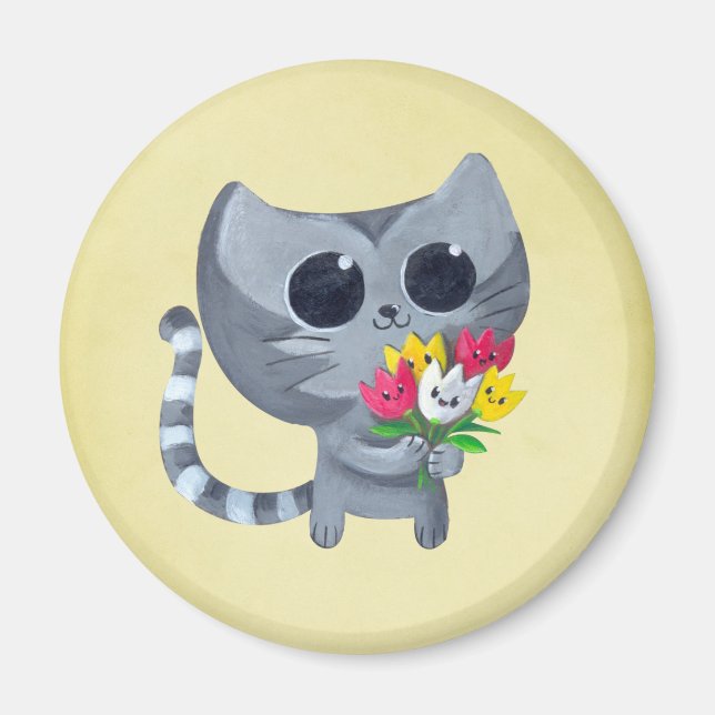 Cute Kattunge och blommor Magnet (Framsidan)