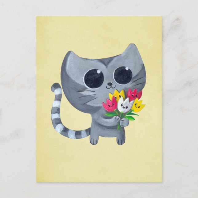 Cute Kattunge och blommor Vykort (Framsida)