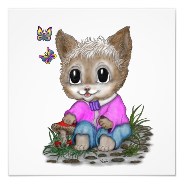 Cute Kattunge och Butterfly Fototryck (Framsidan)