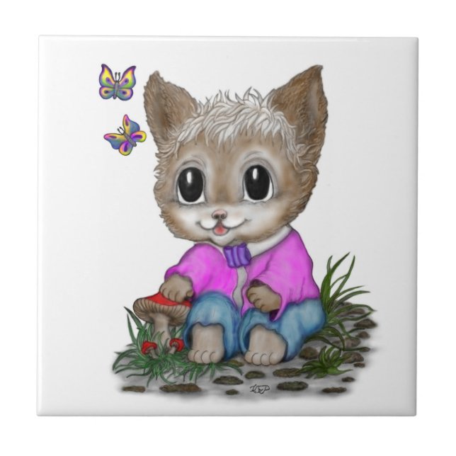 Cute Kattunge och Butterfly Kakelplatta (Framsidan)