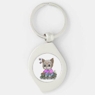 Cute Kattunge och Butterfly Swirl Silverfärgad Nyckelring