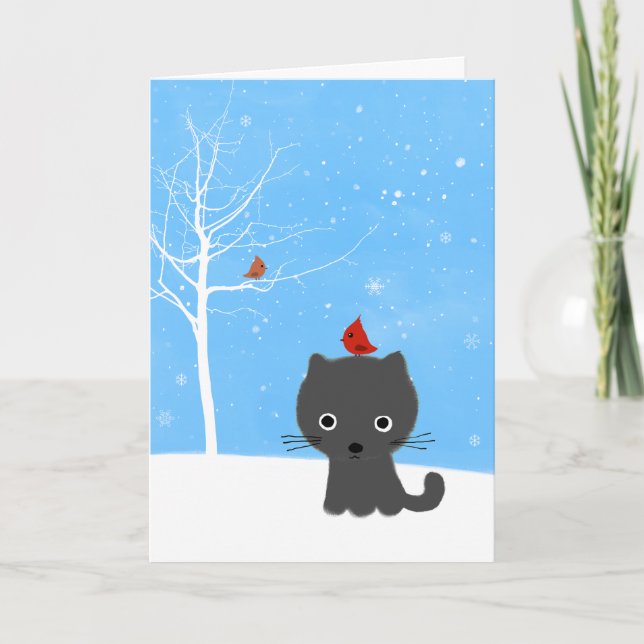 Cute Kattunge och Little Red Birds Vit jul Helgkort (Framsida)