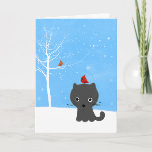 Cute Kattunge och Little Red Birds Vit jul Helgkort
