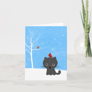 Cute Kattunge och Little Red Birds Vit jul Helgkort