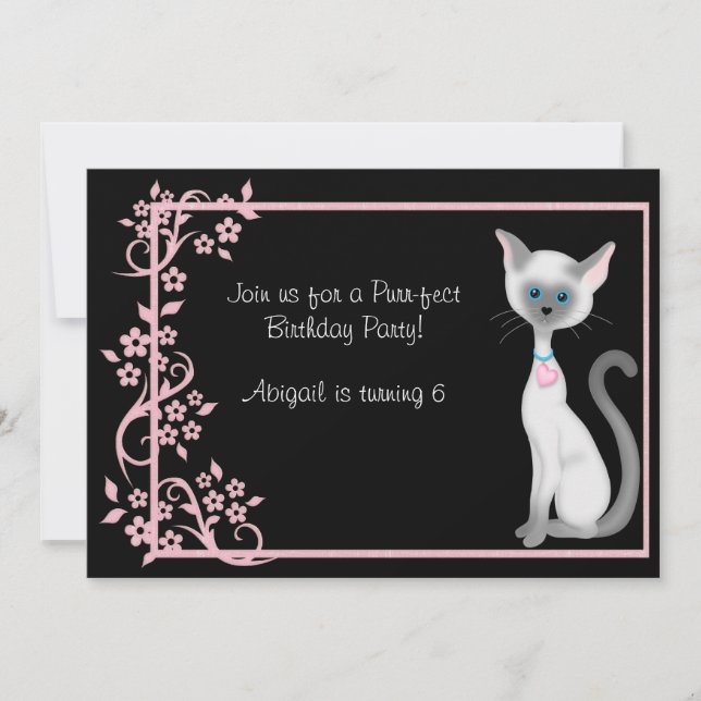Cute Kattunge och Rosa Flowers Birthday Inbjudningar (Framsida)