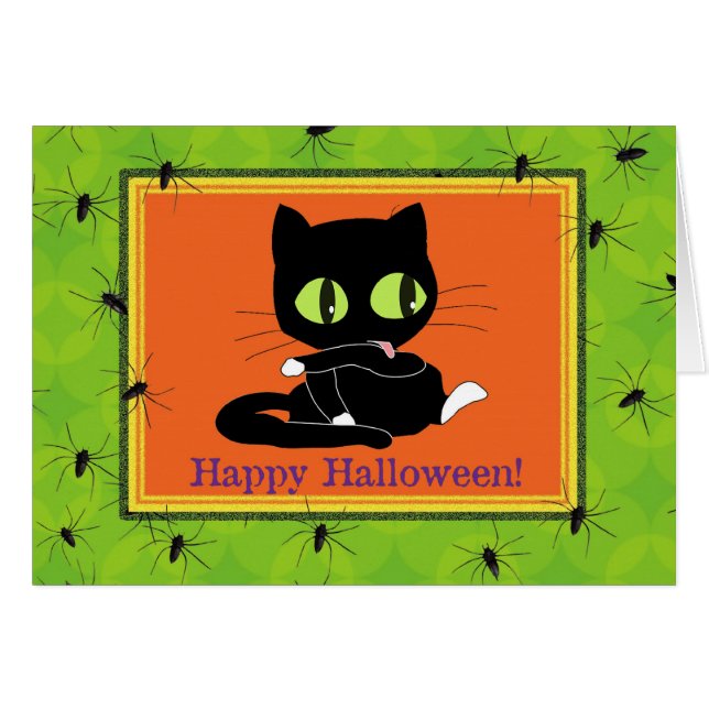 Cute Kattunge och Spiders Halloween Card OBS Kort (Framsidan Horizontal)
