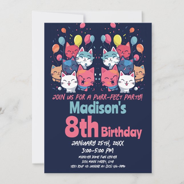 Cute Kattunge Purr-Fect Party-katternas födelsedag Inbjudningar (Framsida)