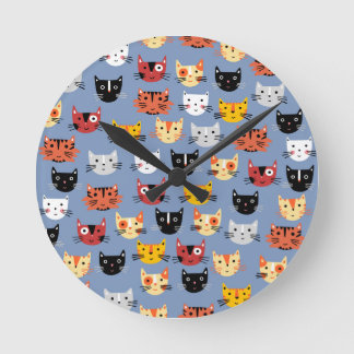 Cute Kattunge Roligt Mönster Blue Rund Klocka