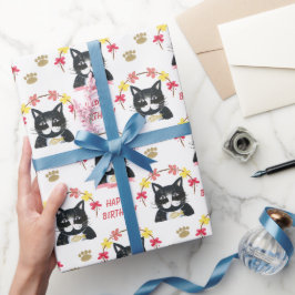 Cute Kattunge Rosa och svart Grattis på födelsedag Presentpapper
