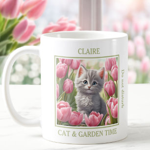 Cute Kattunge Rosa Tulips Cat Lover Namn Vår Kaffemugg