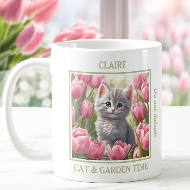 Cute Kattunge Rosa Tulips Cat Lover Namn Vår Kaffemugg (Cute Kitty Pink Tulips Cat Lover Name Spring Coffee Mug)