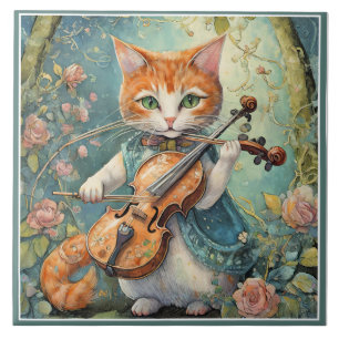 Cute Kattunge som spelar fiol Kakelplatta