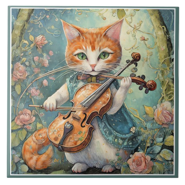 Cute Kattunge som spelar fiol Kakelplatta (Framsidan)