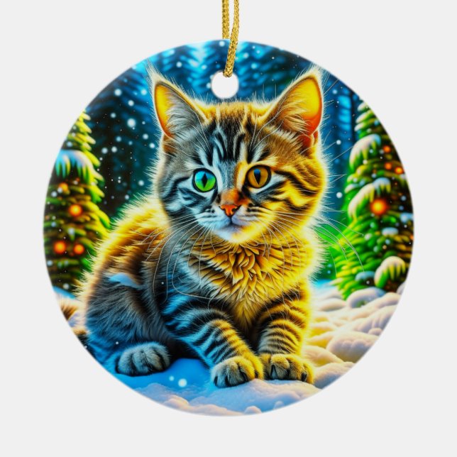 Cute Kattunge spelar utanför jul Kväll Julgransprydnad Keramik (Framsidan)