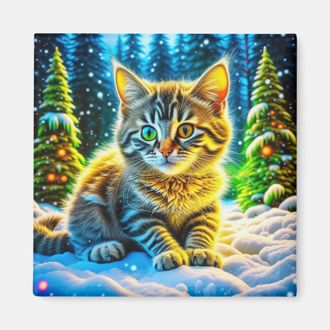 Cute Kattunge spelar utanför jul Kväll Magnet (Framsidan)