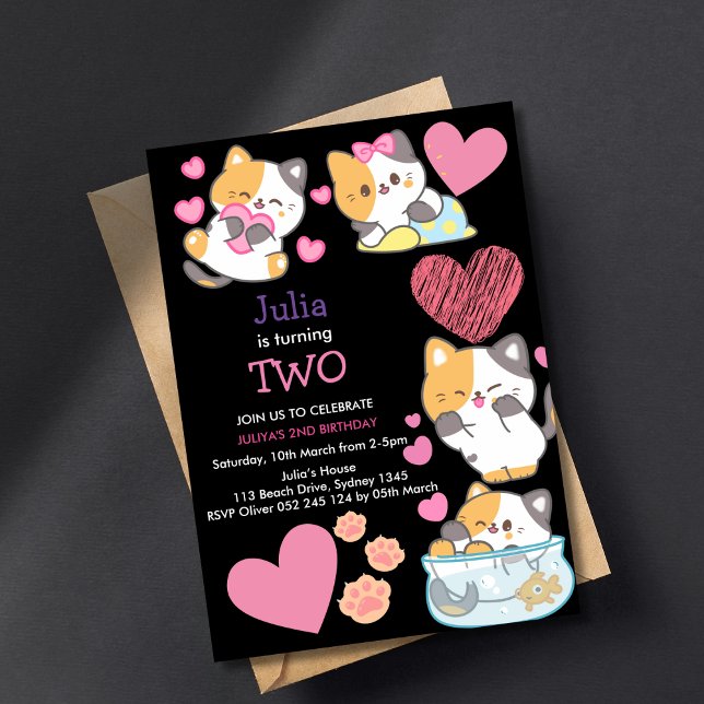 Cute kattunge tjejer, 2-årsdag svart inbjudningar (Skapare uppladdad)