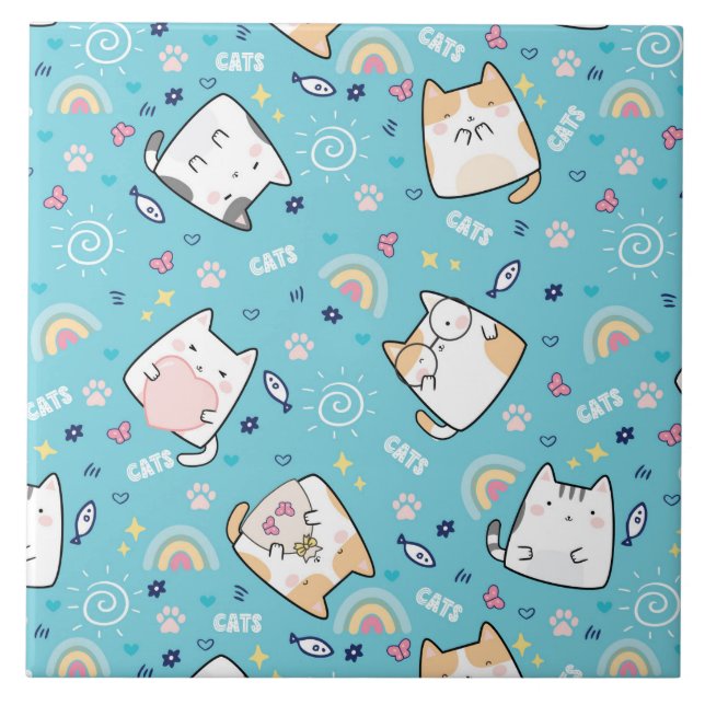 Cute Kattunge Whimsical Mönster Kakelplatta (Framsidan)