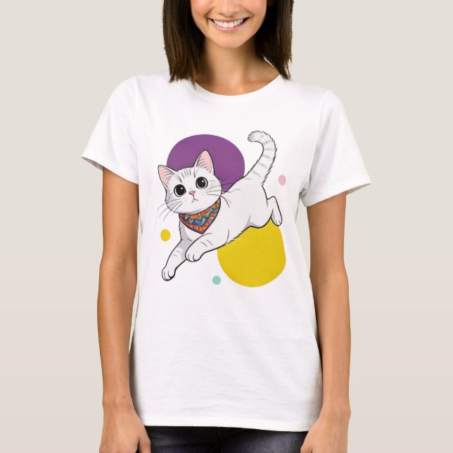 Cute Kawai Cat Bandana Purple Hat Illustration T Shirt (Framsida)