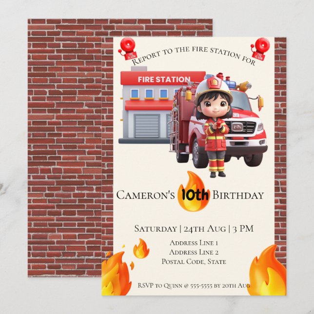 Cute Kawai Fire fighter Girl Theme Birthday Inbjudningar (Fram/baksida)