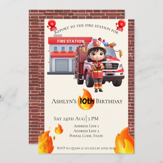 Cute Kawai Fire fighter Girl Theme Birthday  Inbjudningar (Fram/baksida)