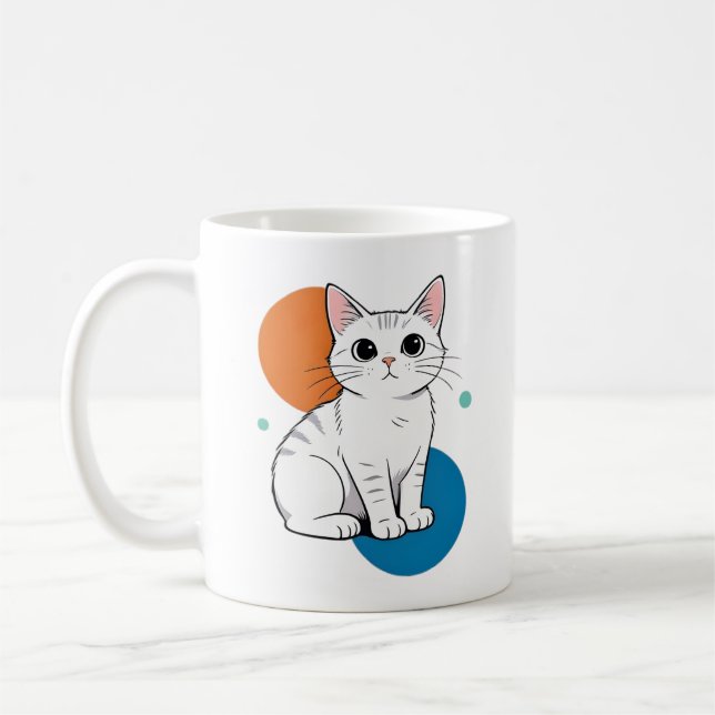 Cute Kawai White Grey Tabby Cat Illustration Kaffemugg (Vänster)