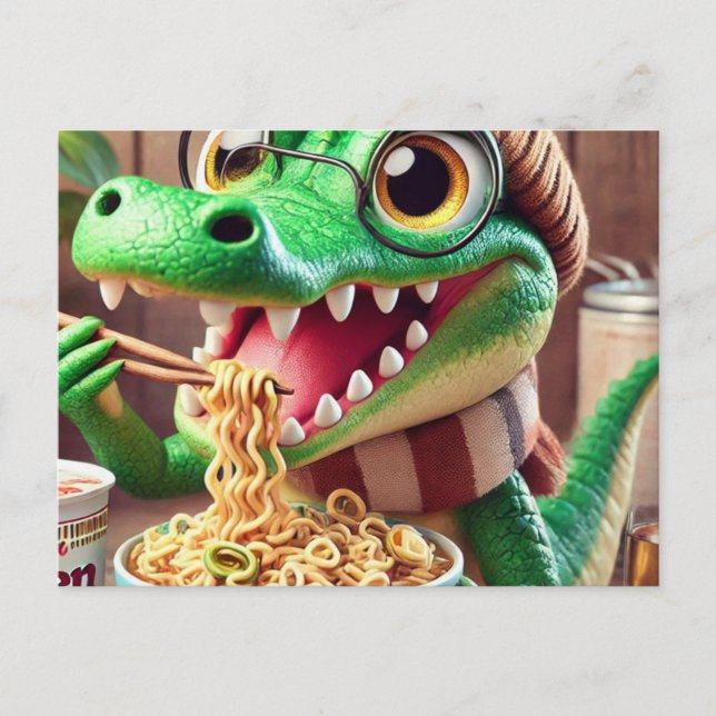 Cute Kawaii Alligator Eating Ramen Vykort (Framsida)