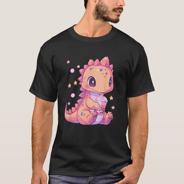 Cute Kawaii Anime Dinosaur Drinking Bubble Boba Te T Shirt (Framsida)