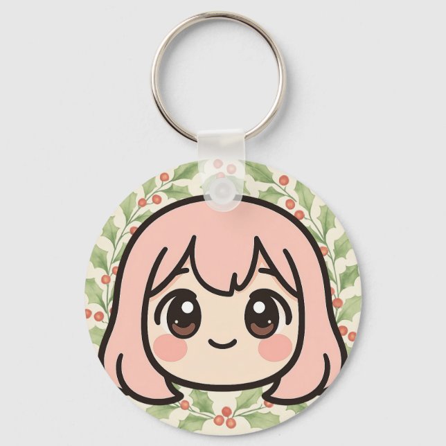 Cute Kawaii Anime Girl Face Keychain – Pastel Chib Nyckelring (Framsida)