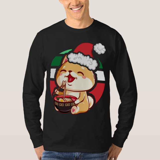 Cute Kawaii Anime Shiba Inu Hund Eating Ramen Chri T Shirt (Framsida)