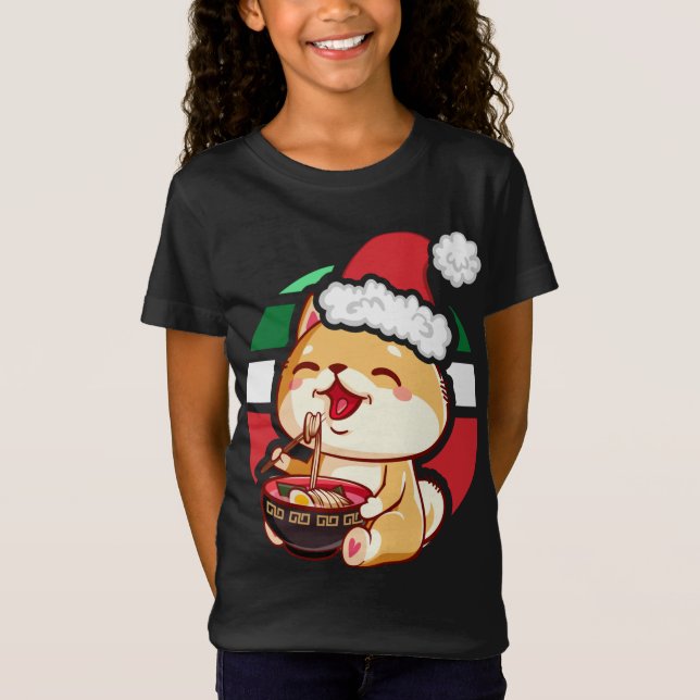 Cute Kawaii Anime Shiba Inu Hund Eating Ramen Chri T Shirt (Framsida)