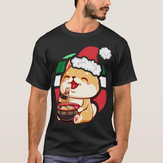 Cute Kawaii Anime Shiba Inu Hund Eating Ramen Chri T Shirt (Framsida)