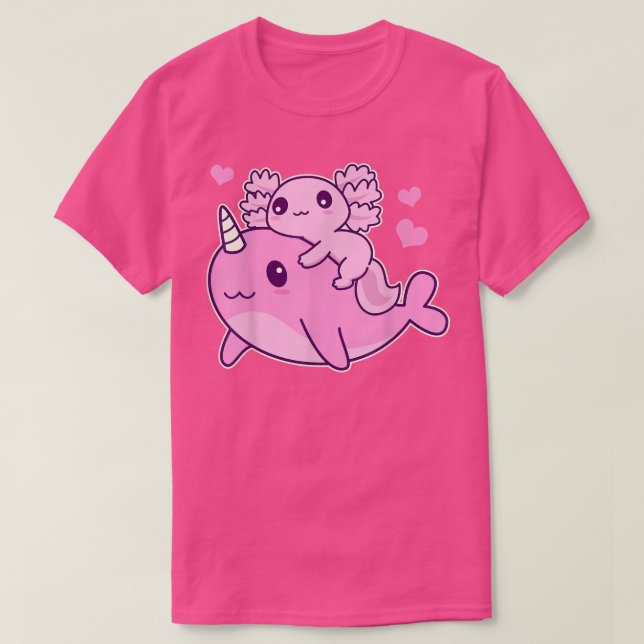 Cute Kawaii Aolotl och Narwhal Anime Whale T Shirt (Design framsida)