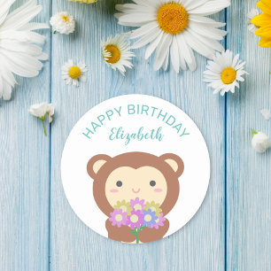 Cute Kawaii-apa med blommor Grattis på födelsedage Runt Klistermärke