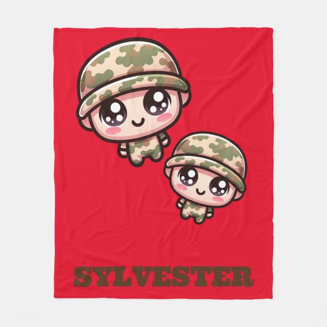 Cute Kawaii Army Camouflage Monogram on Red | Fleecefilt (Framsidan)