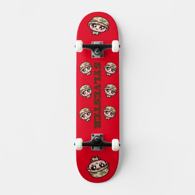 Cute Kawaii Army Camouflage Monogram on Red | Mini Skateboard Bräda 18,5 Cm (Framsida)